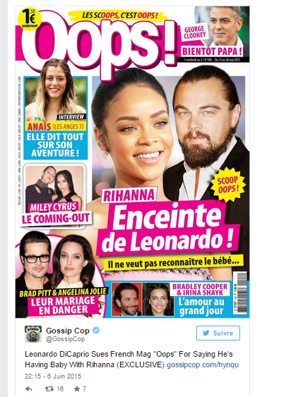Magazine Oops: "Rihanna enceinte de Leonardo Di Caprio! Il ne veut pas reconnaître le bébé".