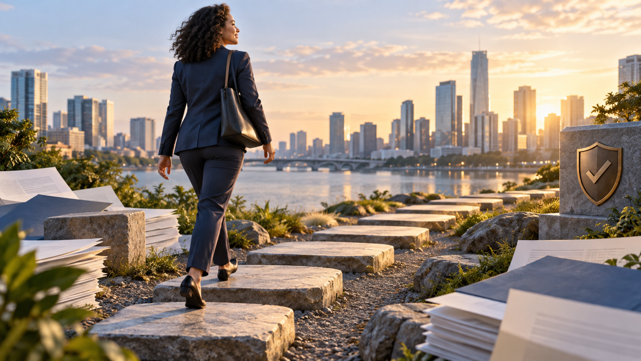 Professional walking a steady path toward a city, symbolizing trust built through repeated behavior