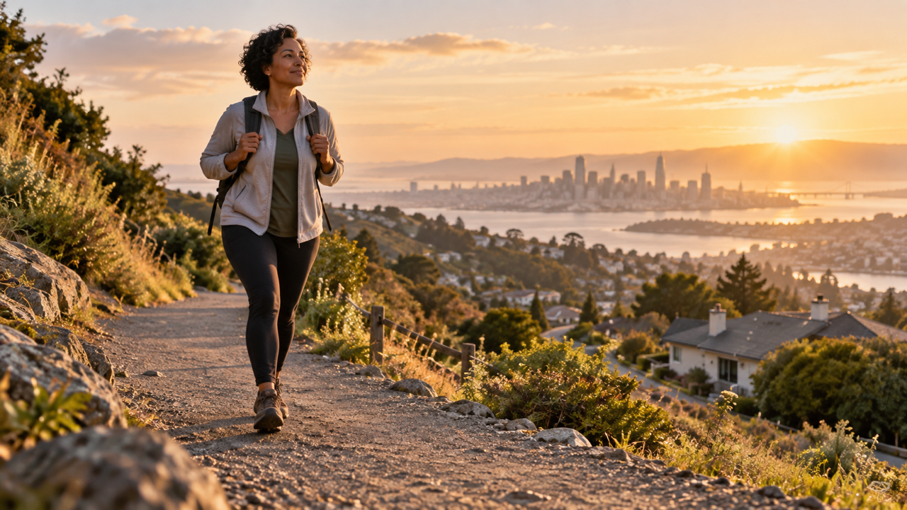 Woman walking steadily uphill at sunrise, representing endurance and resilience in everyday life