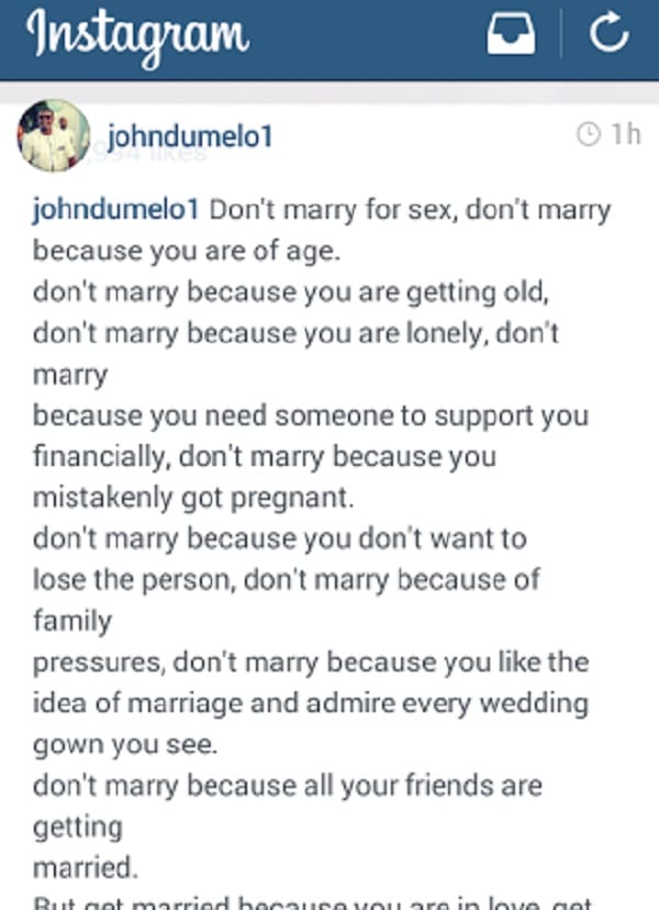 John Dumelo donne les raisons pour lesquelles vous ne devriez jamais vous marier...