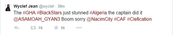 Wyclef Jean fait des éloges à Asamoah Gyan après son but contre l’Algérie 