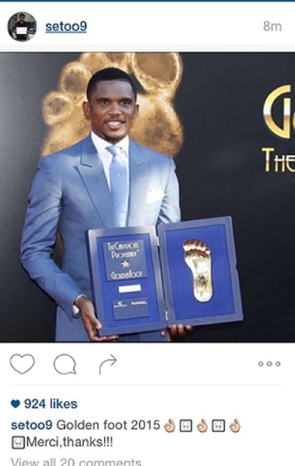 Samuel Eto'o remporte le Golden Foot Awards: PHOTO