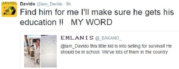 Davido promet de prendre en charge l'éducation de ce pauvre petit garçon sur Twitter: PHOTO