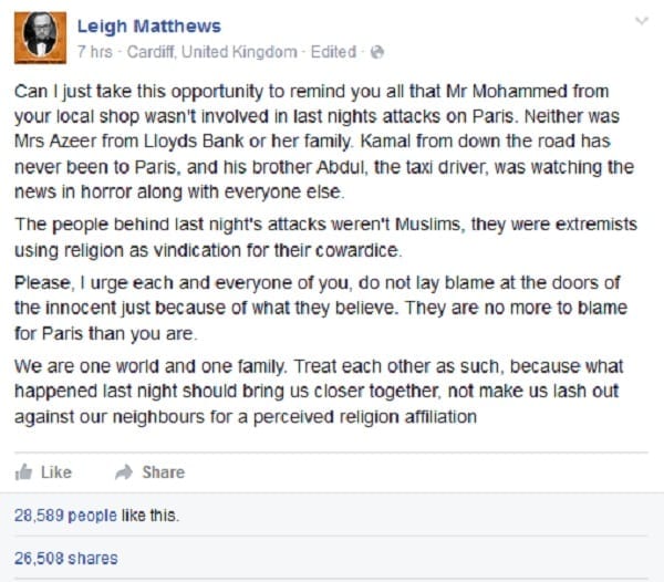 Lettre Ouverte: "Ne blâmez pas les musulmans pour les attaques de Paris"