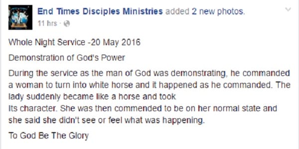 Le pasteur sud-africain Penuel ordonne à une fidèle de se transformer en cheval et monte sur son dos: PHOTO