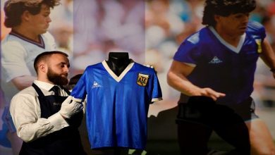 Shirt worn by Argentinian soccer player Maradona is displayed ahead of auction by Sotheby’s, in London