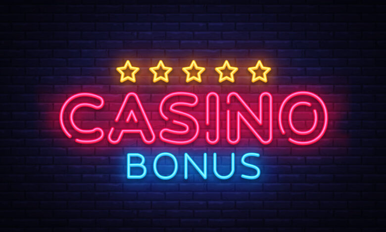 Casino Bonus Neon Text Vector. Bonus neon sign, design template, modern trend design, casino neon signboard, night bright advertising, light banner, light art. Vector illustration