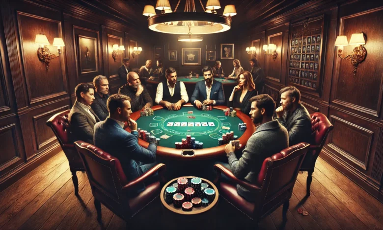 a poker game in a cozy, dimly lit room