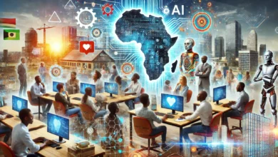 African professionals engaging with AI technology in a modern workspace