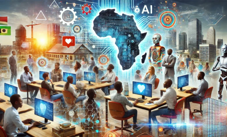 African professionals engaging with AI technology in a modern workspace