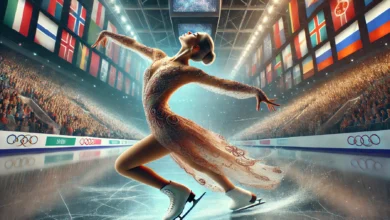 Russian female figure skater performing a graceful spin on ice in a stadium