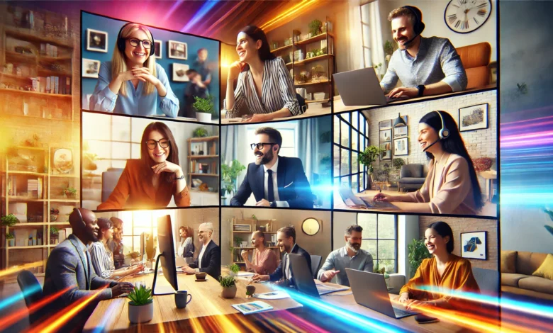 diverse group of professionals engaged in a virtual meeting while working from home